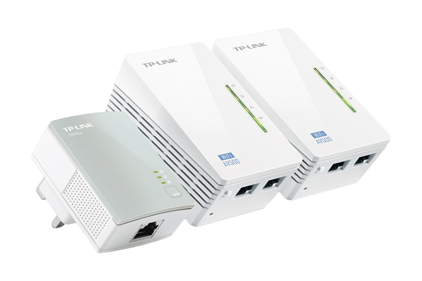 high_20410572_2383844289.jpg AV500 2-port Powerline WiFi Extender 3-pack KIT, including 2 TL-WPA4220 and 1 TL-PA4010, 500Mbps Powerline datarate, 300Mbps wireleses N,Plug and Play, 2 fast ethernet ports, WiFi Clone, Support Multiple IPTV Streams - Image 1