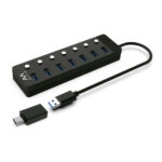 HUB USB 3.0 Gen 1, 7 portas com botão, adaptador corrente, USB A e USB C