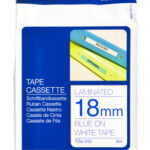 Fita laminada, Texto azul sobre fundo branco, Largura: 18 mm, Comprimento: 8m