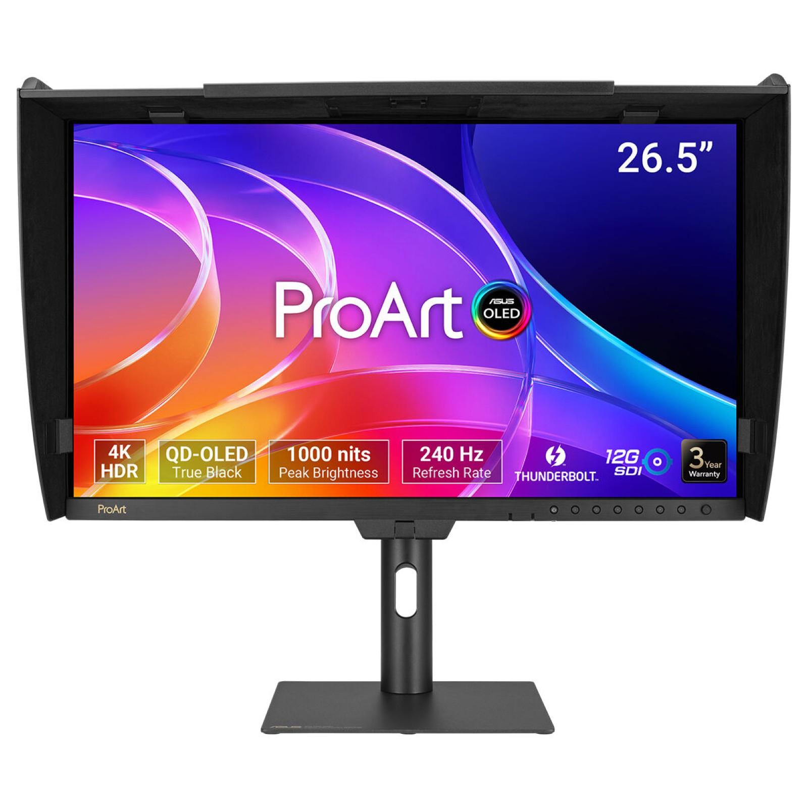high_cd92e1669c52bd2a5bcb22ba4a3347c28365f264.jpg ProArt Display OLED PA27USD - Professional Monitor - 27'' (26.5'' viewable), 4K UHD (3840 x 2160), QD-OLED, 99% DCI-P3, ?E < 1, 240Hz, Auto Calibration, HDR-10, HLG, Dolby Vision, HDMI2.1, DisplayPort2.1, Thunderbolt 4 PD 96W, Calman Ready, ColourSpace - Image 1